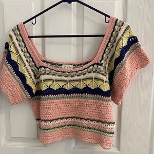 POL Women's Pink and Navy Crochet Crop Top